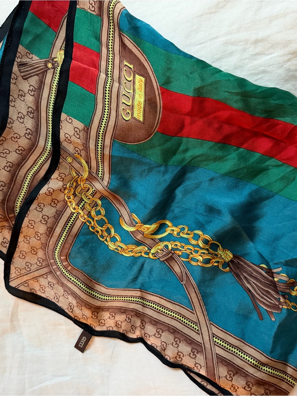Gucci Silk Scarf in Teal, Red & Brown with Gold Chain Print